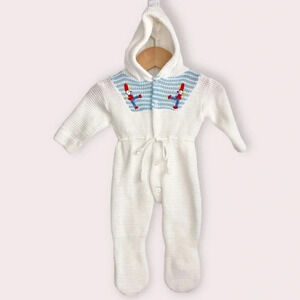 Vintage Sears hooded romper white knit drummer boy footed one piece size newborn